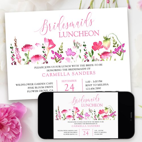 Pink Wildflower Feminine Bridesmaids Luncheon Invitation