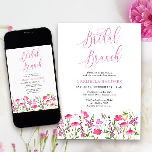 Pink Wildflower Feminine Elegant Bridal Brunch Invitation