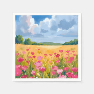 Pink Wildflower Field Floral Watercolor Painting Napkins