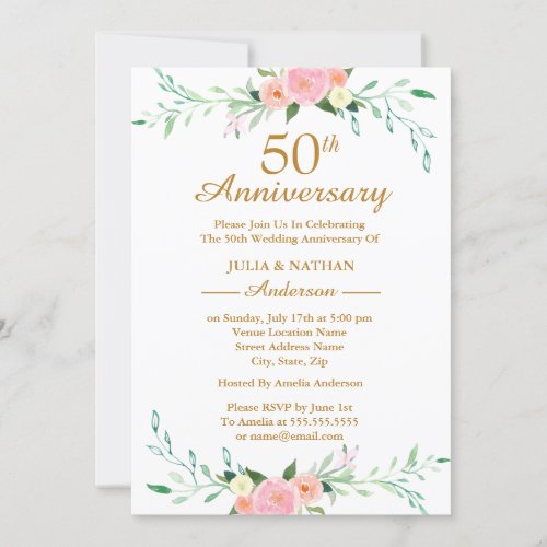 Pink Wildflower Floral 50th Wedding Anniversary Invitation