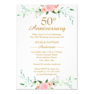 Pink Wildflower Floral 50th Wedding Anniversary Invitation