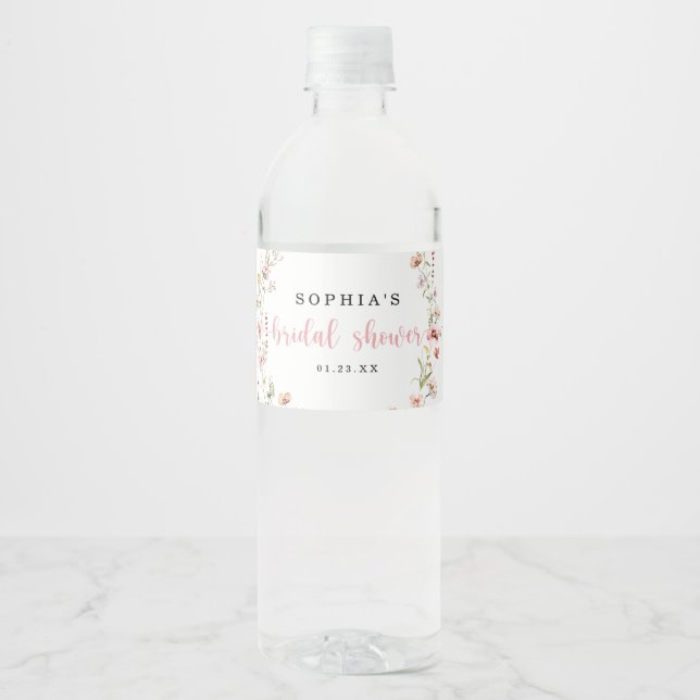Pink Wildflower Floral Bridal Shower Favors  Water Bottle Label (Front)