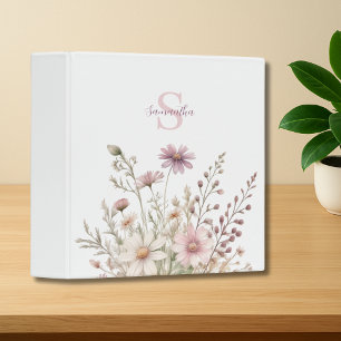 Pink Wildflower Floral Meadow Monogram 3 Ring Binder
