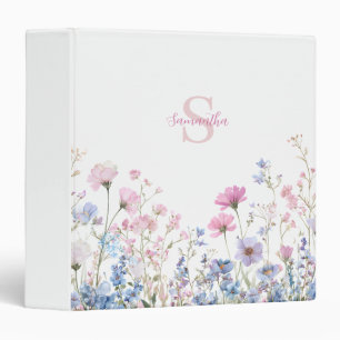 Pink Wildflower Floral Meadow Monogram 3 Ring Binder