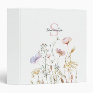 Pink Wildflower Floral Monogram 3 Ring Binder