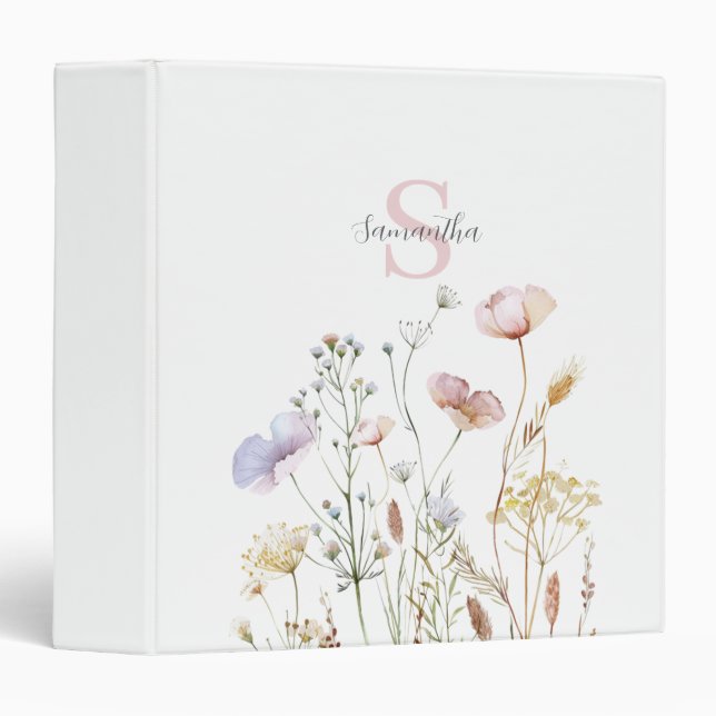 Pink Wildflower Floral Monogram  3 Ring Binder (Front/Spine)