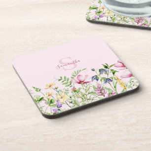 Pink Wildflower Floral Personalized Beverage Coaster