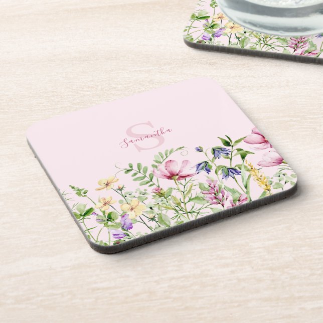 Pink Wildflower Floral Personalized  Beverage Coaster (Left Side)