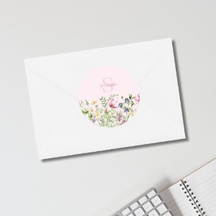 Pink Wildflower Floral Personalized  Classic Round Sticker