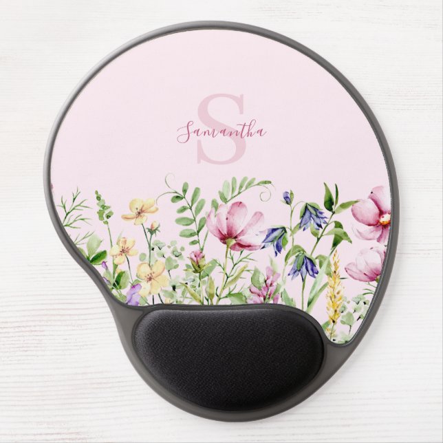 Pink Wildflower Floral Personalized  Gel Mouse Pad (Front)