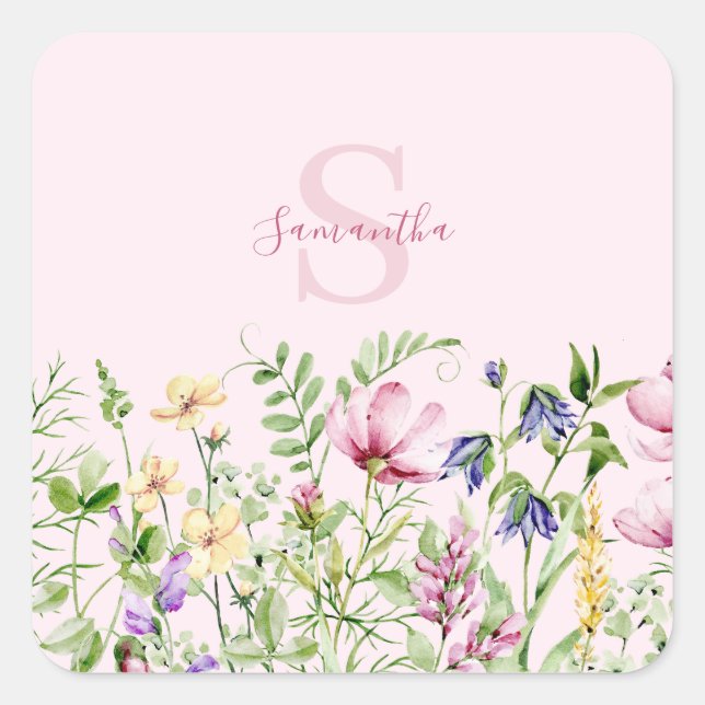 Pink Wildflower Floral Personalized  Square Sticker (Front)