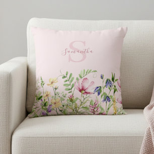 Pink Wildflower Floral Personalized Throw Pillow