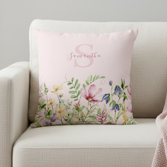 Pink Wildflower Floral Personalized Throw Pillow (Creator Uploaded)