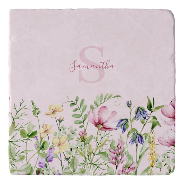 Pink Wildflower Floral Personalized  Trivet (Front)