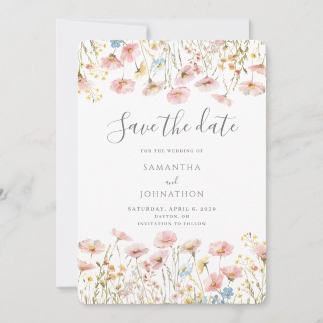 Pink Wildflower Floral Wedding  Save The Date (Front)