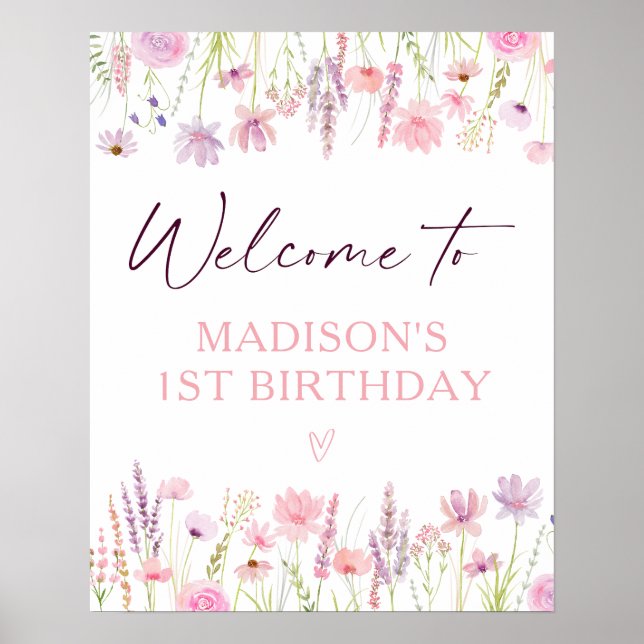 Pink Wildflower Garden Birthday Welcome Poster (Front)