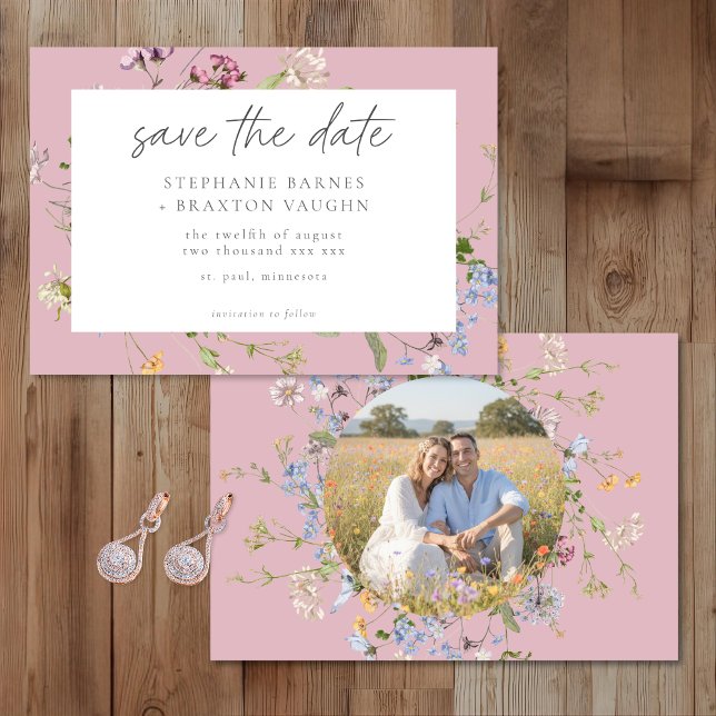 Pink Wildflower Garden Elegant Photo Wedding Save The Date (Creator Uploaded)