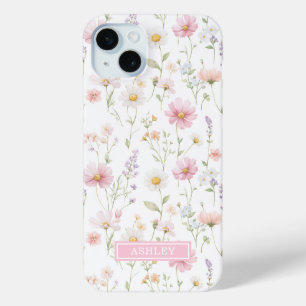 Pink Wildflower Garden Monogrammed iPhone 15 Plus Case