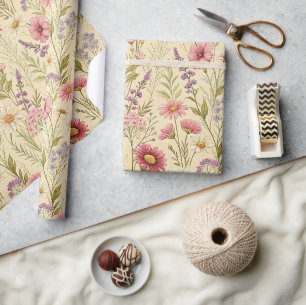 Pink Wildflower Garden Vintage Floral Print Wrapping Paper