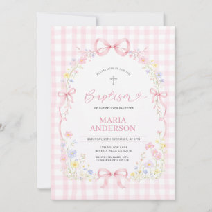 Pink WILDFLOWER Gingham Floral Baptism Invitation