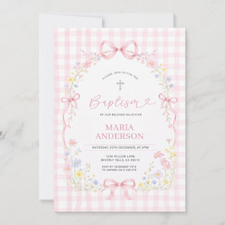 Pink WILDFLOWER Gingham Floral Baptism Invitation