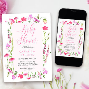 Pink Wildflower Girl Baby Shower Dainty Floral Inv Invitation