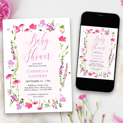 Pink Wildflower Girl Baby Shower Dainty Floral Inv Invitation