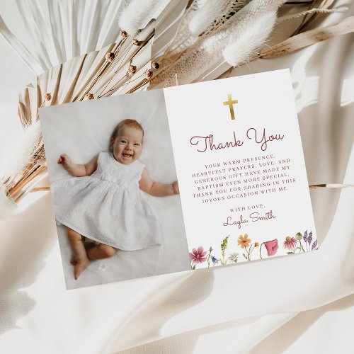 Pink Wildflower Girl Baptism Thank You Card