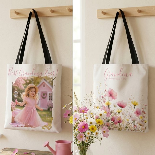 Pink Wildflower Grandma Tote Bag (Pink wildflower grandma photo tote)