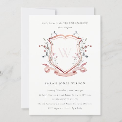 Pink Wildflower Initial Crest First Holy Communion Invitation