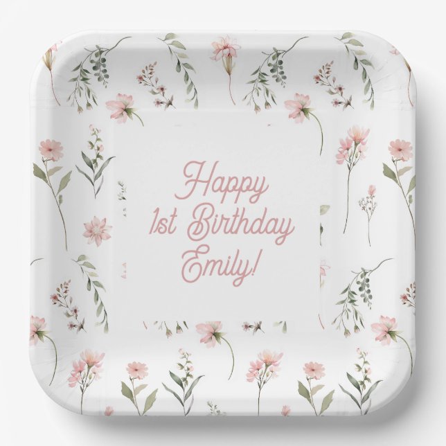 Pink Wildflower little miss onederland 1st birthda Paper Plates (Front)