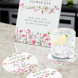 Pink Wildflower Love is in Bloom Bridal Shower Round Paper Coaster