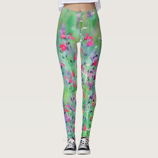 Pink Wildflower Meadow Art Leggings (Front)