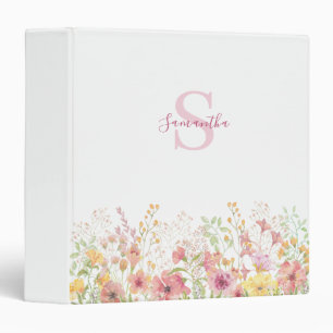 Pink Wildflower Meadow Monogram 3 Ring Binder