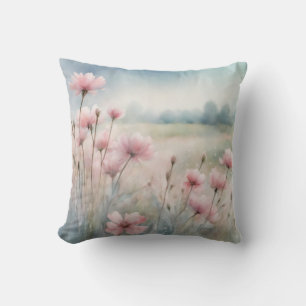 Pink Wildflower Meadow Watercolor Flowers Throw Pillow