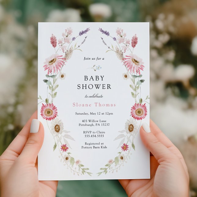 Pink Wildflower Meadow Wreath Baby Shower Invitation (Creator Uploaded)