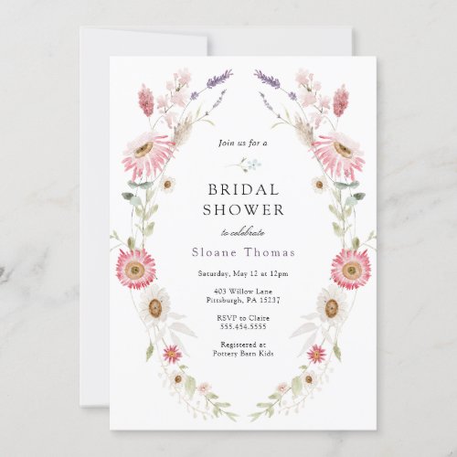 Pink Wildflower Meadow Wreath Bridal Shower Invitation