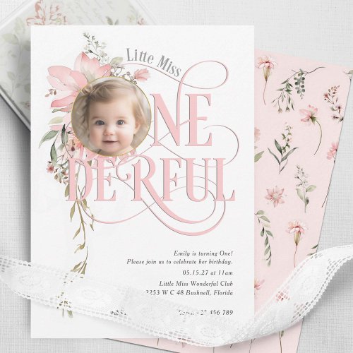 Pink Wildflower Miss Onederful Girl 1st birthday Invitation