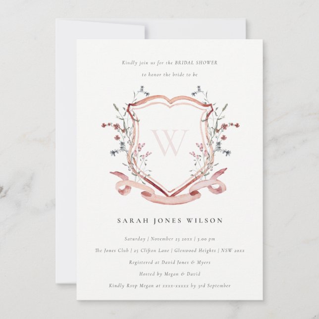 Pink Wildflower Monogram Crest Bridal Shower Invitation (Front)