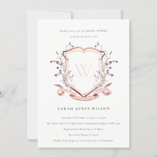 Pink Wildflower Monogram Crest Bridal Shower Invitation