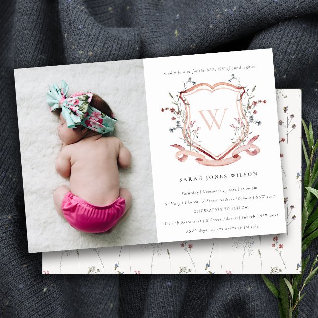 Pink Wildflower Monogram Crest Photo Baptism Invitation (Creator Uploaded)