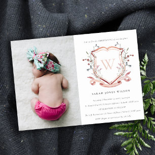 Pink Wildflower Monogram Crest Photo Christening Invitation