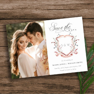 Pink Wildflower Monogram Watercolor Photo Crest Save The Date