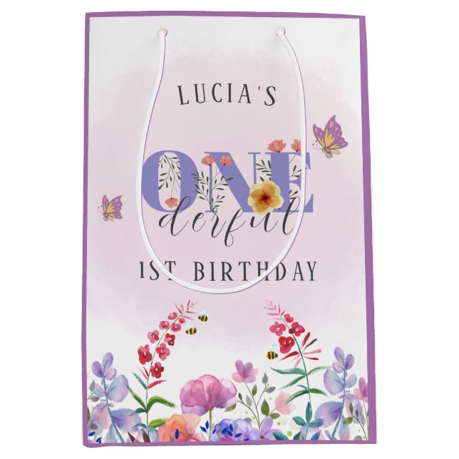 Pink Wildflower Onederful Butterfly And Bees Medium Gift Bag (Front)