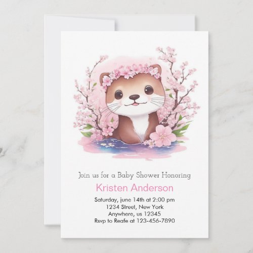 Pink Wildflower Otter Adventure Girl Baby Shower Invitation