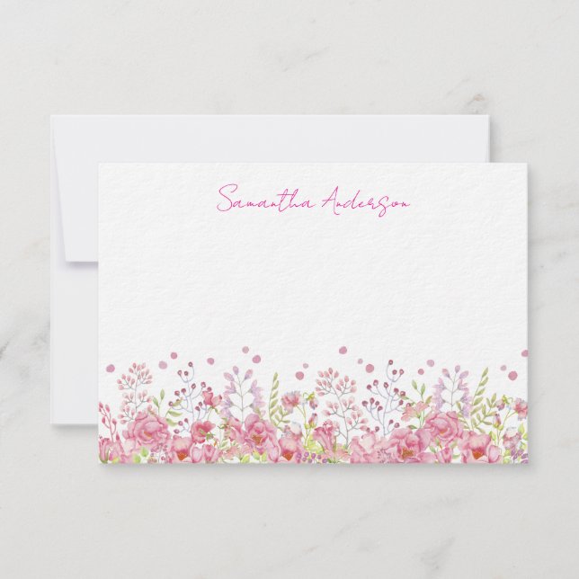 Pink Wildflower Personalized Flat Note Card (Front)
