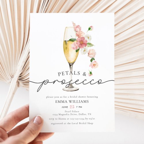 Pink Wildflower Petals and Prosecco Bridal Shower Invitation