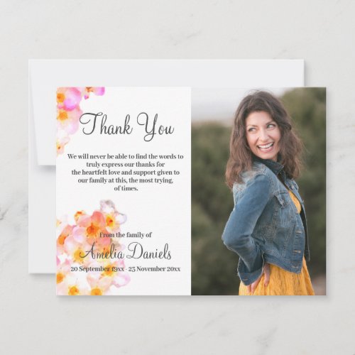 Pink Wildflower Photo In Memory Thank You Card