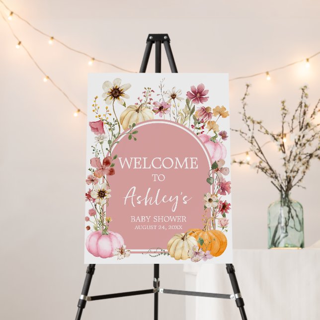 Pink Wildflower Pumpkin Baby Shower Welcome Sign (In Situ (Stand))