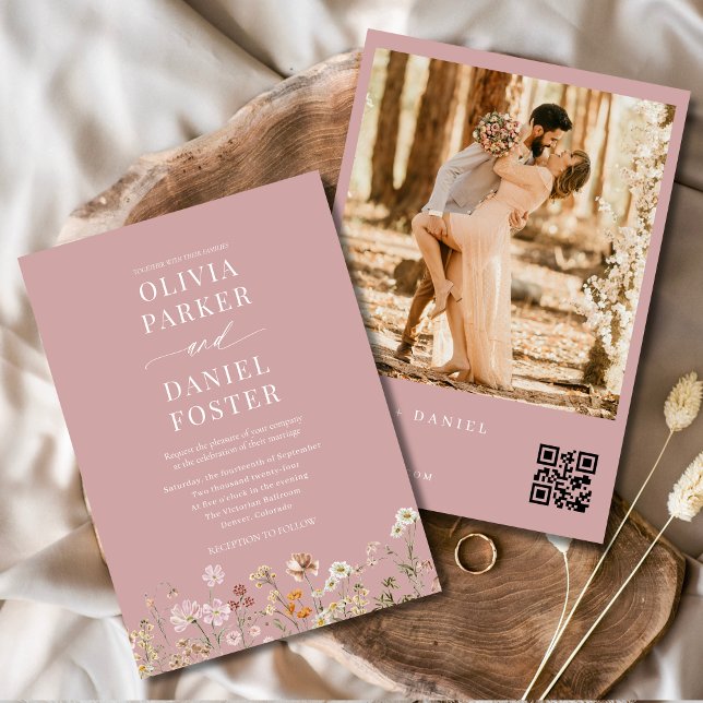 Pink Wildflower QR Code Photo Boho Wedding  Invitation (Creator Uploaded)